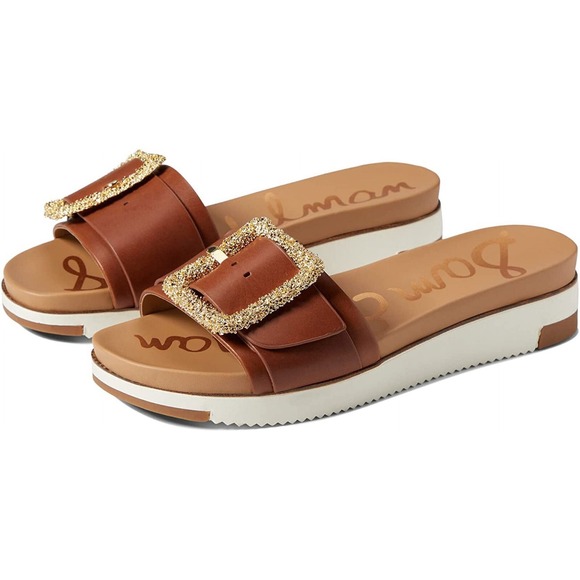 Sam‎ Edelman Ariane Dark Bourbon Open Toe Buckle Flat Leather Slides Sandals 7.5 - Picture 1 of 8